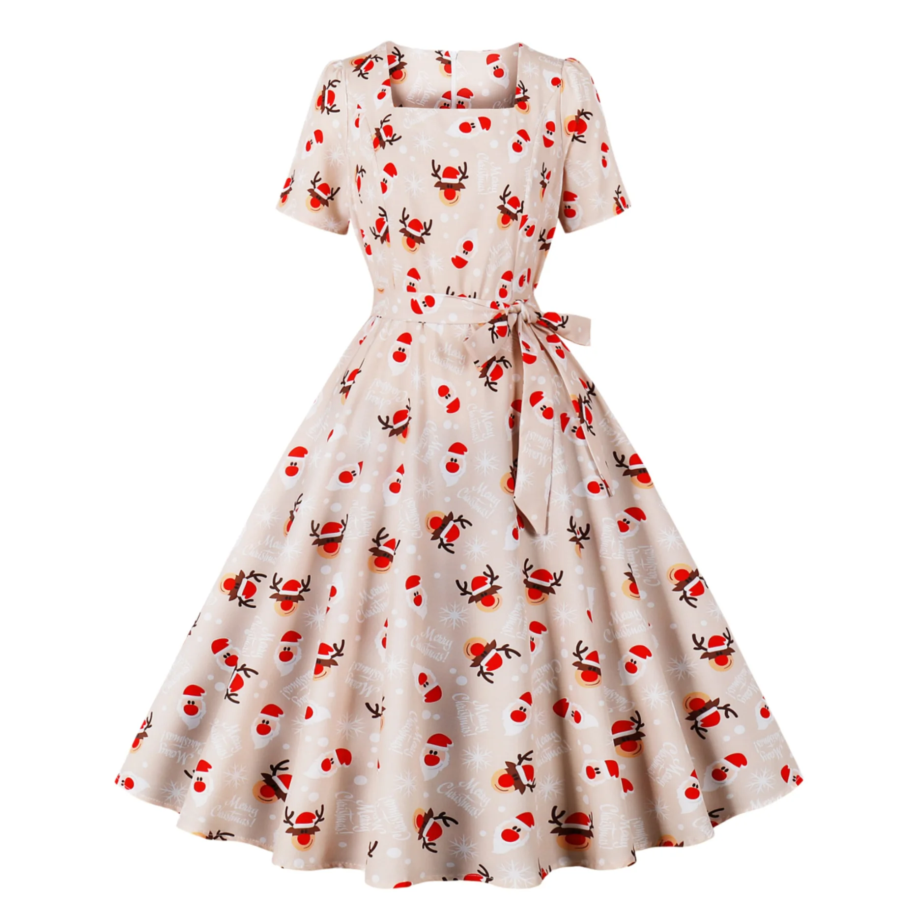 

Trend Elegant Christmas Party Dresses Women Print Square Collar Short Sleeves Bowknot Leace-up A-line Dress Female New Vestidos