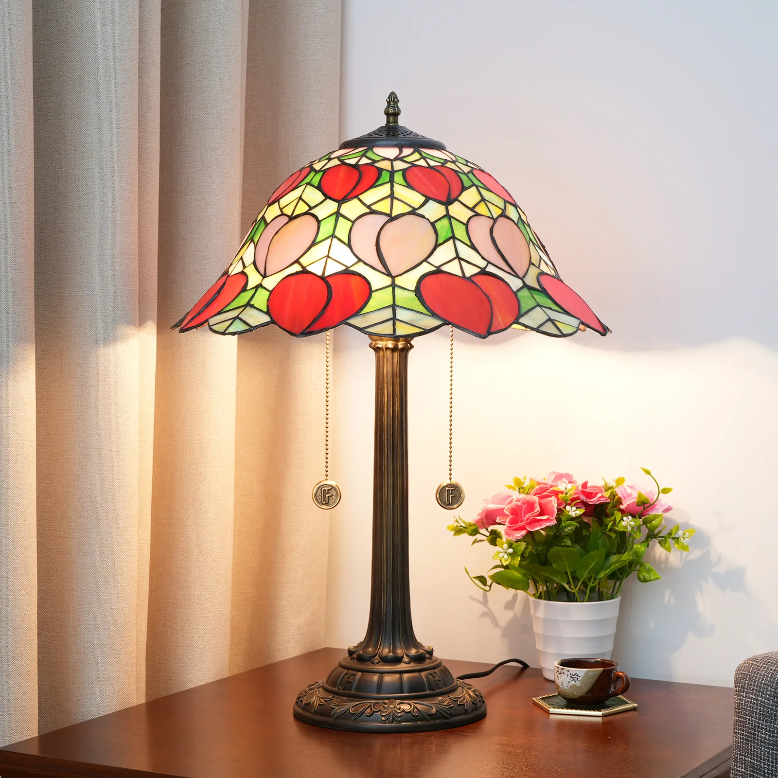 

Dia40cm Tiffany Stained Glass Desk Lamp American Country Pink Fairy Peach Bedroom Bedside Table Lamp Home Office Night Light