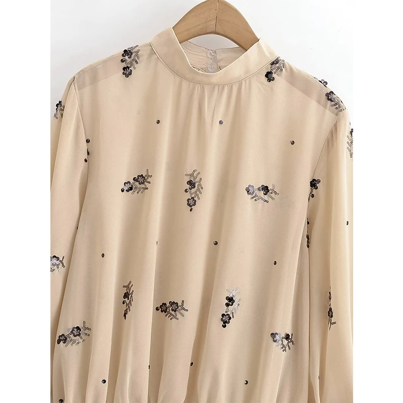 YENKYE Sexy Semi-Sheer Floral Sequin Blouse Women Stand Collar Long Sleeve 2026 Spring Tops  Streetwear