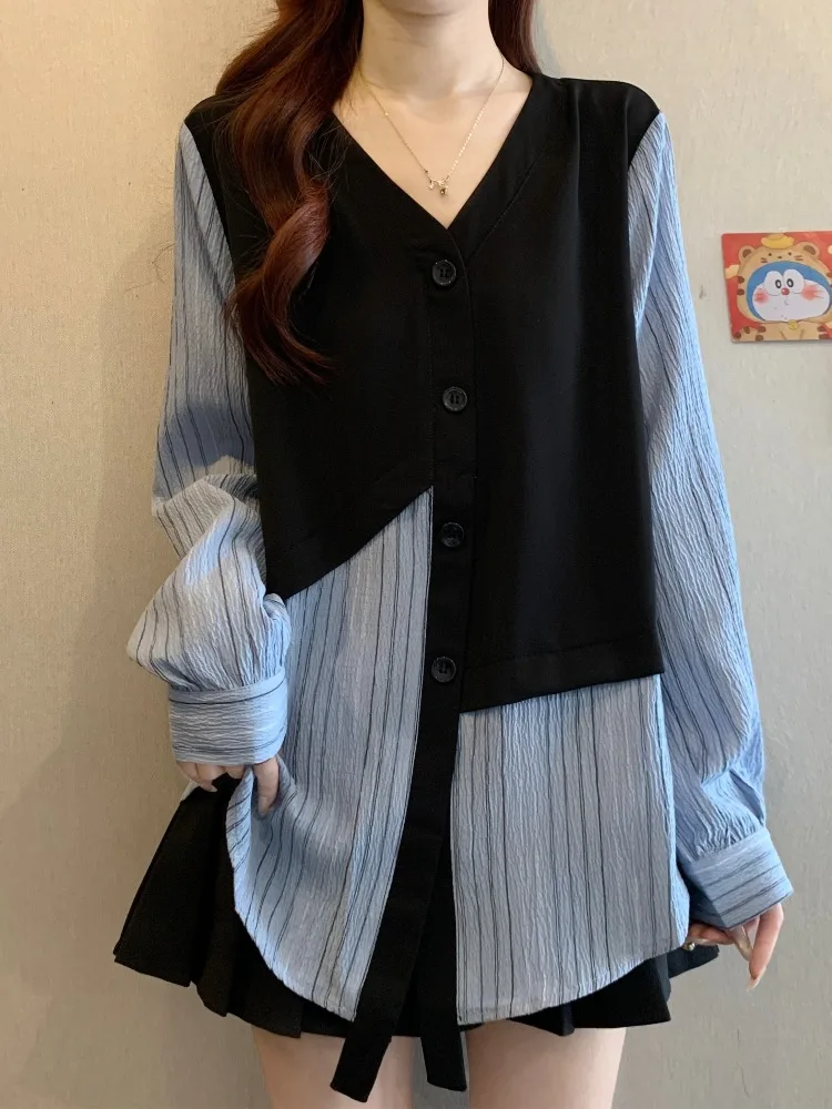 

Свободная повседневная женская блузка больших размеров для полных женщин, с асимметричным дизайном, новинка весенней коллекции, с длинным рукавом, V-образным вырезом, дышащая