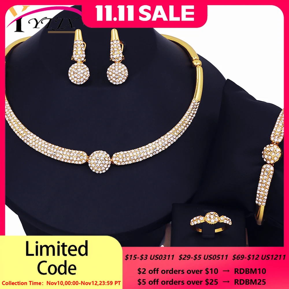 

YTJX 4 Pcs Minimalism Jewelry Set Italy Women Choker Necklace Bracelet On Hand Stud Earring Ring For Bridal Jewellery Gift