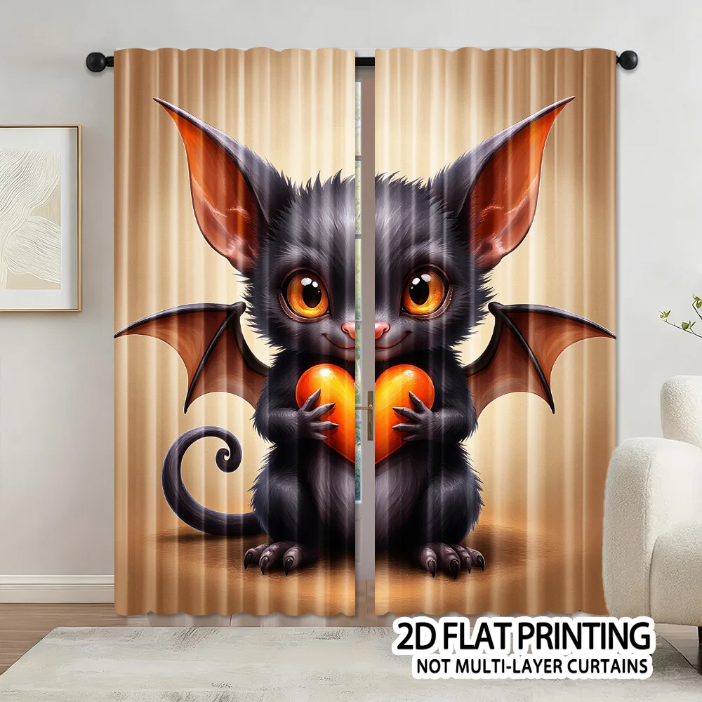 Cute Baby Bat Curtain Holding Heart Fantasy Animal Pattern Drape Gothic Kawaii Window Treatment for Kids Room Bedroom Home Decor