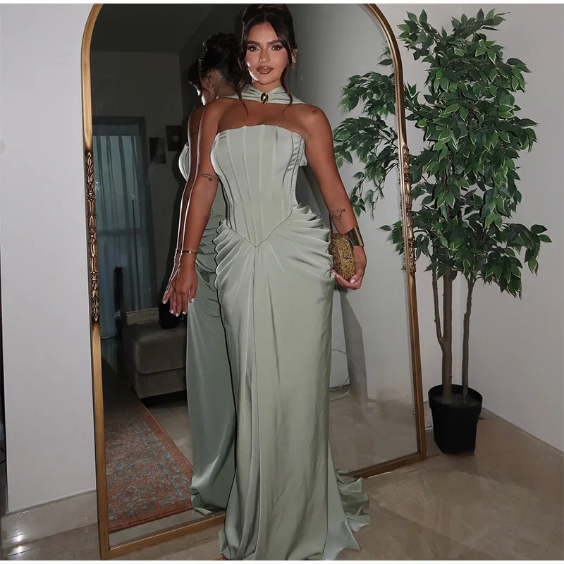 แฟชั่นฤดูร้อนจีบชุดยาวผู้หญิงผ้าพันคอซาติน Strapless เอว Cinching Robes 2025 ใหม่ชุดราตรีหรูหรา