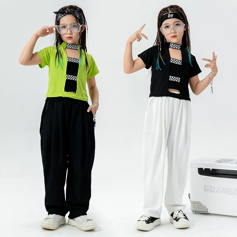 Kids Kpop Outfits Hip Hop Clothing Crop Green T Shirt Street Wear Baggy Pants For Girls Jazz Dance Costumes Teenage Clothes