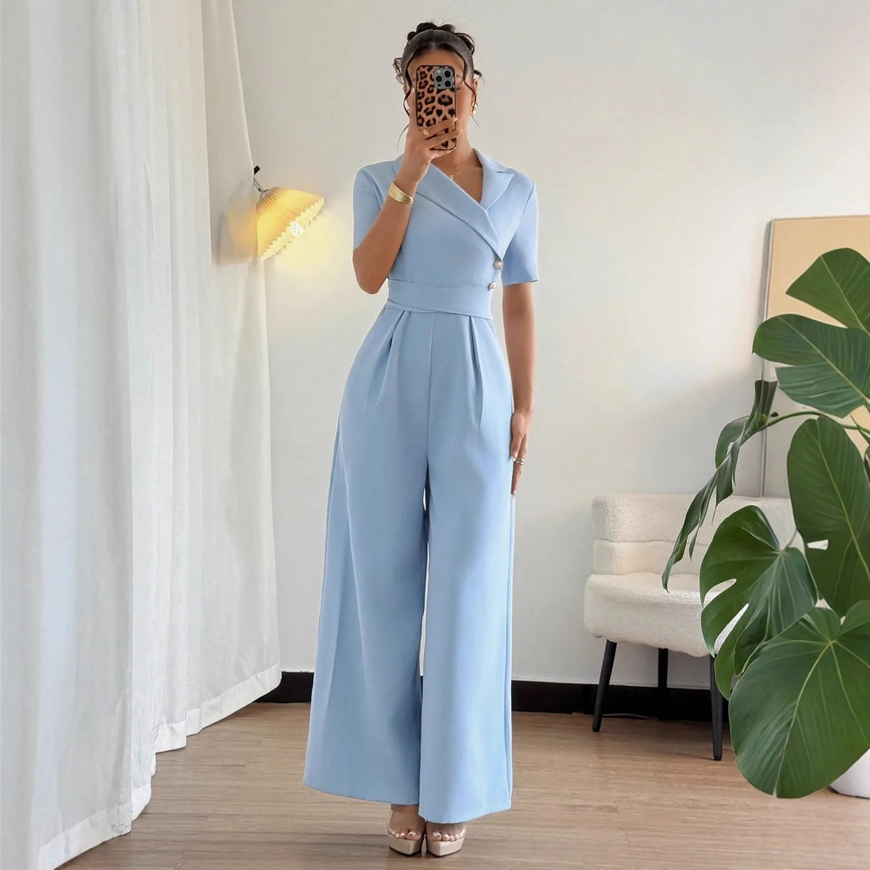 

Elegant Blue Jumpsuit Women 2026 V-Neck Waist-Tie Flutter Sleeve Slim Fit Wide-Leg Jumpsuit Lady Temperament Vacation Jumpsuit