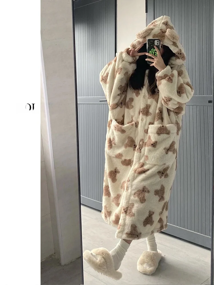 

Adorable Bear Hooded Coral Fce Padded Spwear Women's Winter Home Robe Thiened Fluffy Comfortable Long Sve Nightgown