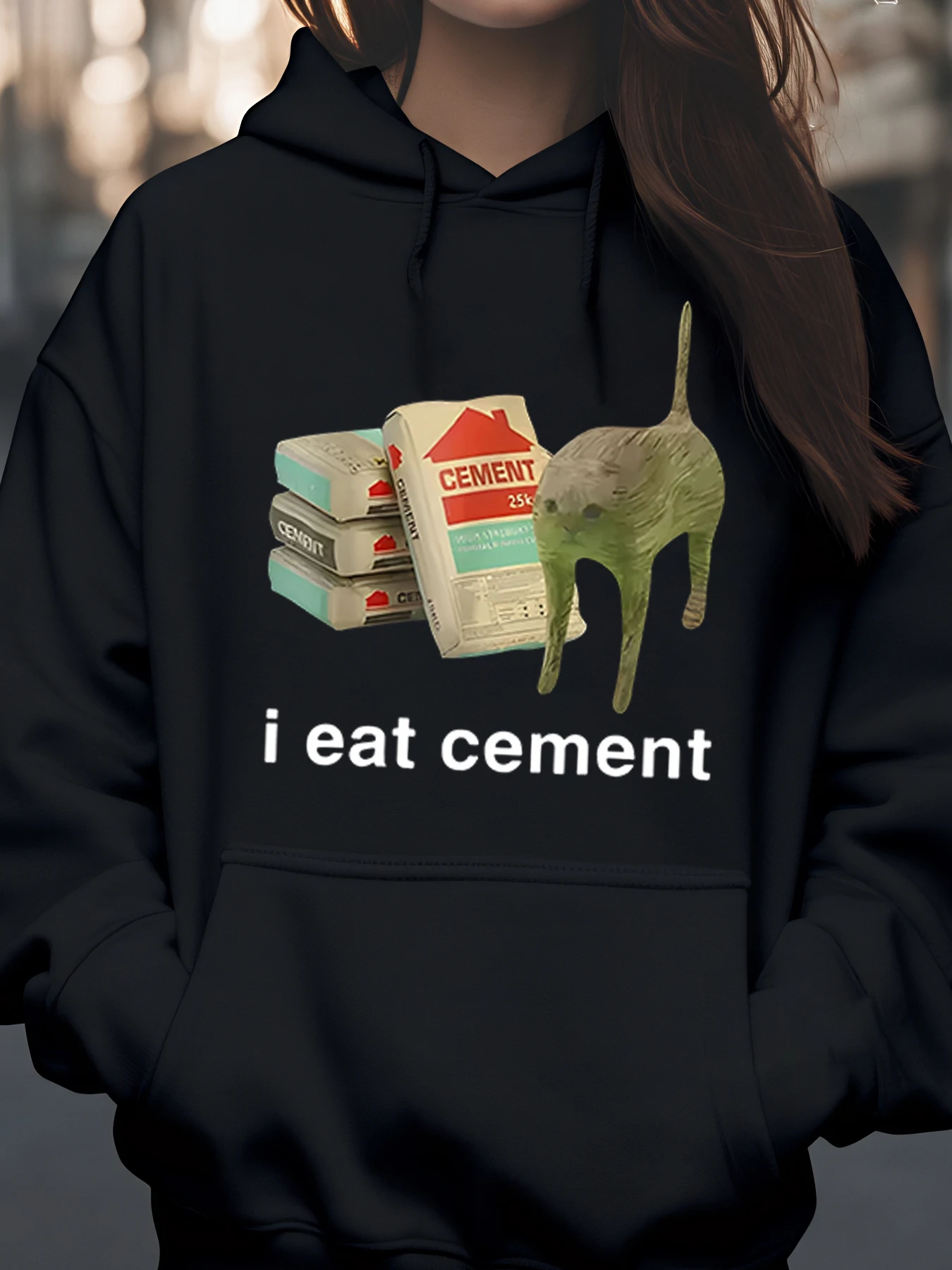 

Cement Eating Cat Graphic Hoodie Halloween Casual Wear Unisex Streetwear