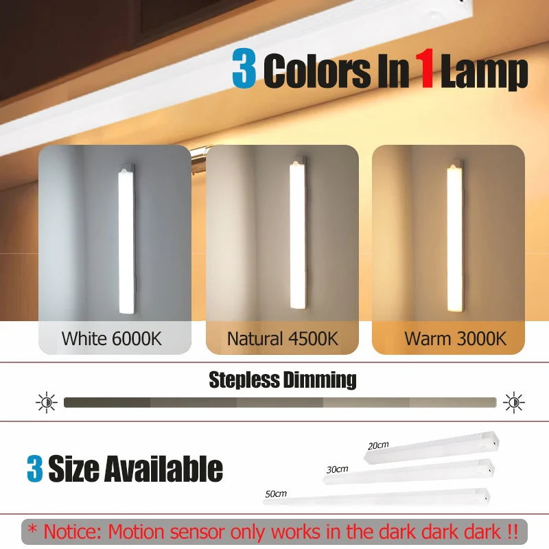 Motion Sensor Light 50/30cm LED Light Bar USB Rechargeable Lamp Night Light Dimmable Type C Lamp for Closet Cabinet Wardrobe