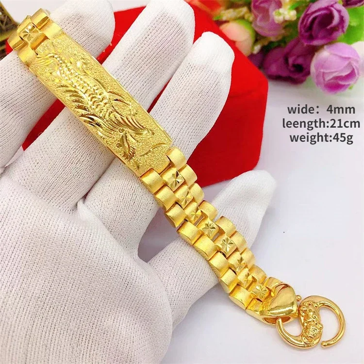 Real 18K Gold Color Dragon Flower Bracelet for Women Men Chain Pure Golden Plated Bracelet Bangle Fine Jewelry Gifts