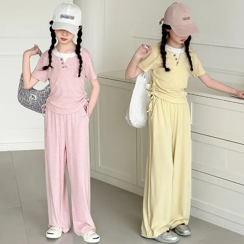 Girls Summer New Trendy Casual Short Sleeve T-shirts+Pants Sport Suits 5-14 Years Big Kids Daily Outfits Clothes Sets