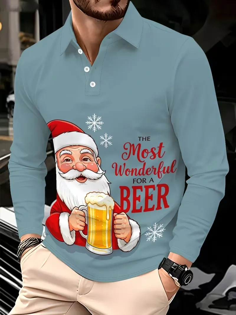 2026 autumn and winter new men's long sleeved Christmas POIO shirt with flip tie button fashion 3D printed men's top