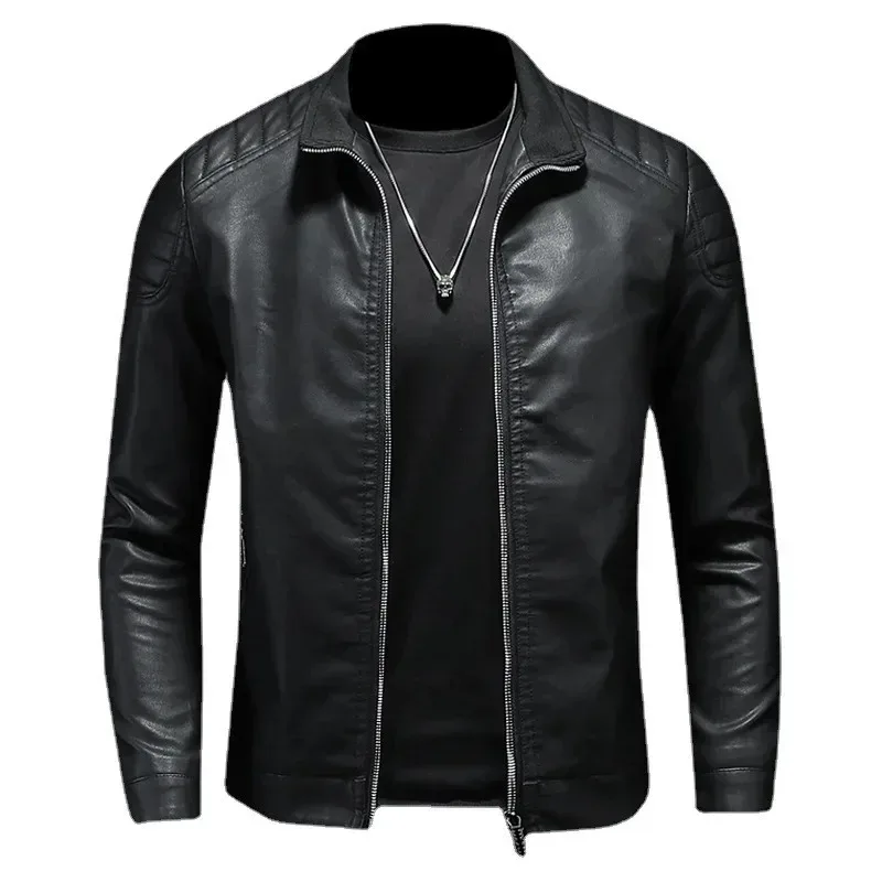 Men\'s lapel leather jacket autumn oversized slim motorcycle riding suit winter thickened PU leather waterproof work clothes