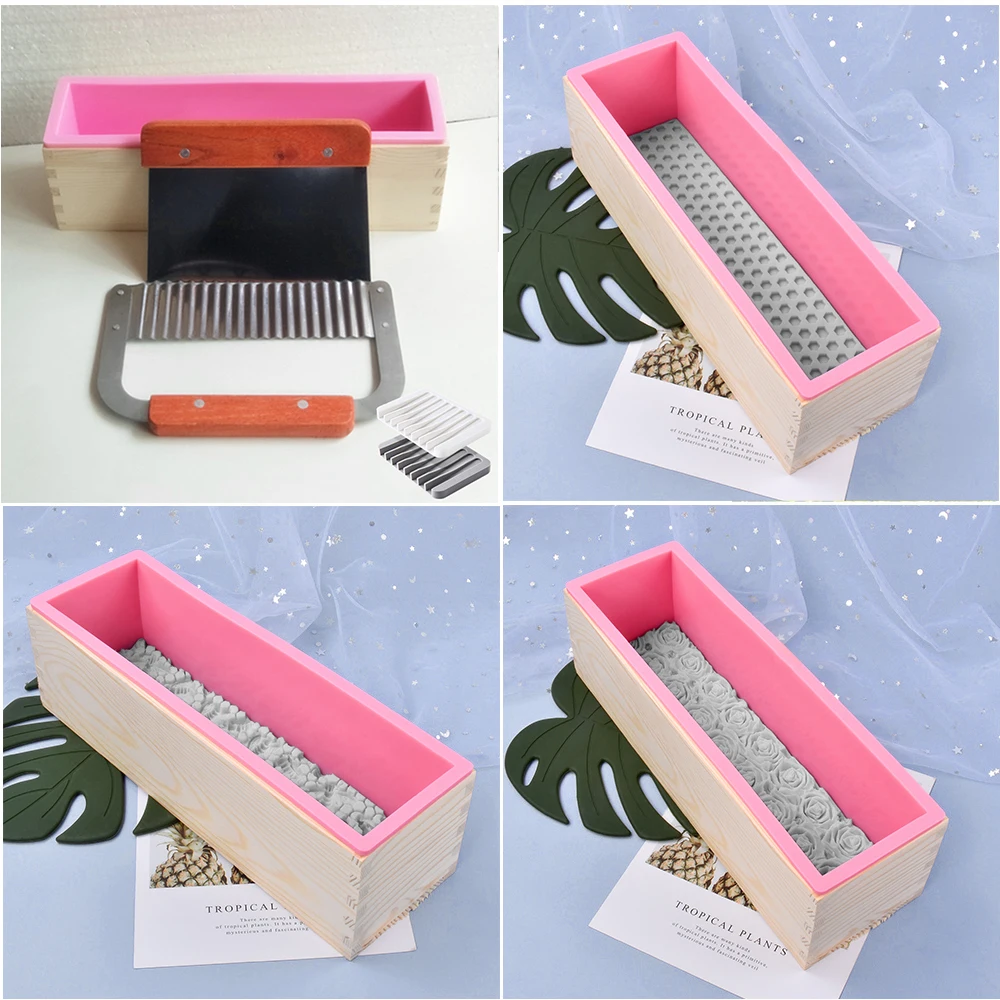 1.2L Wooden Box Soap Mold Making Kit Stainless Steel Wavy+straight Cutter Soap Making Tool DIY Rose Honeycomb Mat Soap Decor