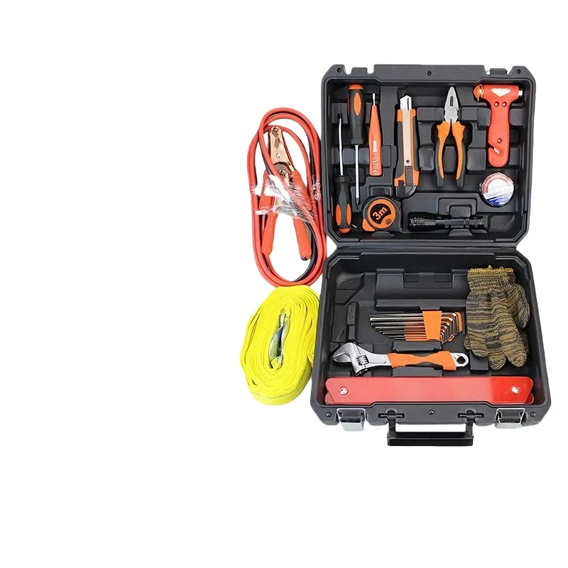 Multifunctional Car Emergency Repair Tool Set Portable Handheld Case with Safety Triangle Vehicle Maintenance Kit