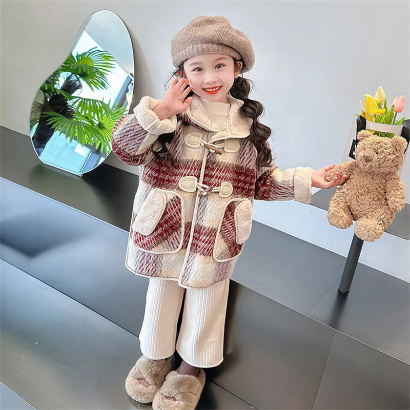 Girls Woolen Coat Overcoat Jacket Windbreak 2023 Hooded Warm Thicken Winter Cotton Party Plus Size Children's Clothing