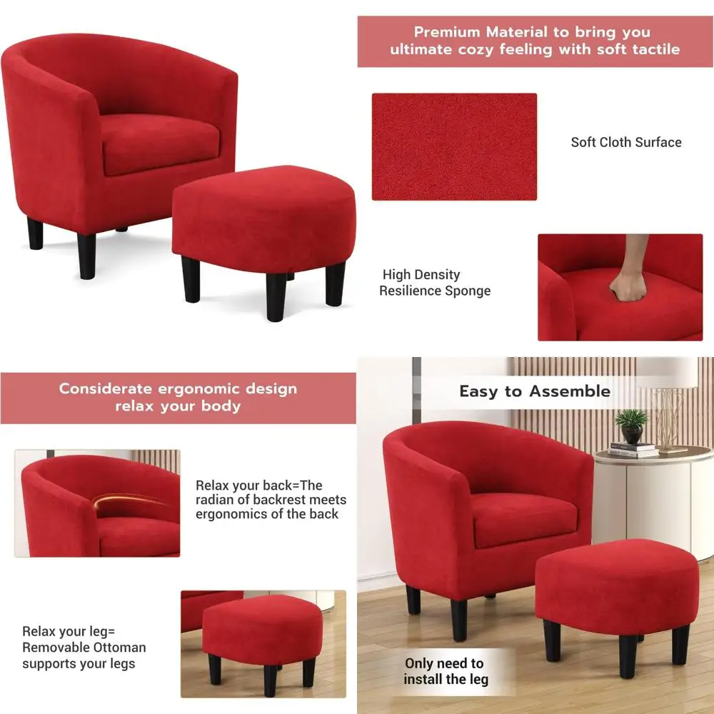 Upholstered Barrel-Shaped Accent Chair with Ottoman, Comfortable Fabric Reading Chair for Living Spaces