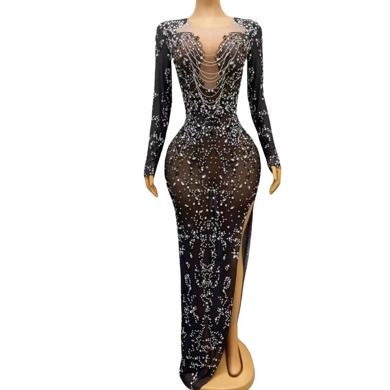 

Sexy Black Mesh Rhinestone Chains Perspective Long Dress Ladies Feast Birthday Party Prom Dress Crystal Tassel Evening Dress