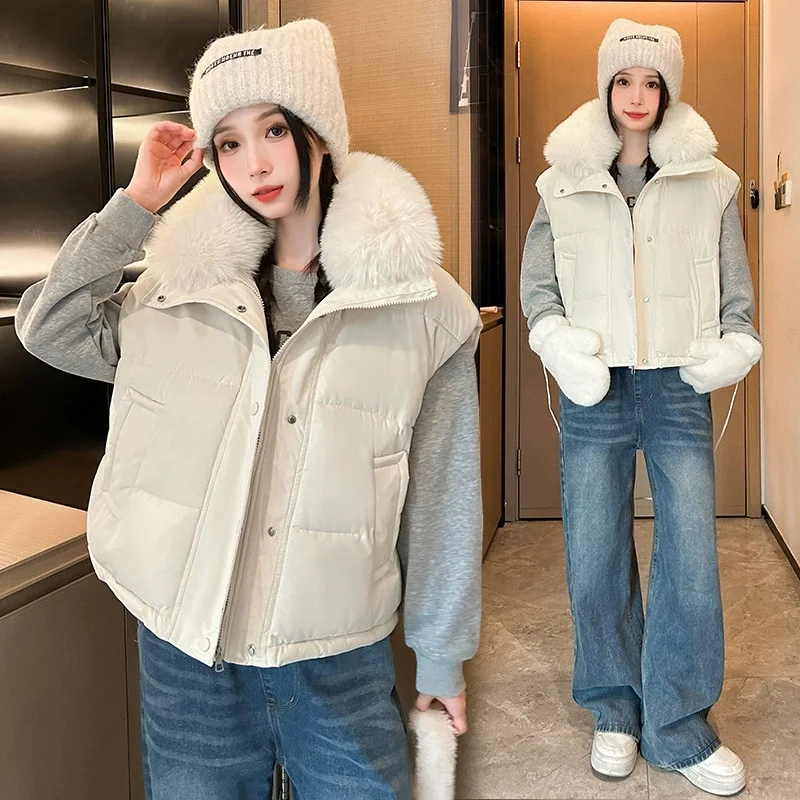 

Woman Jacket Vest Autumn Winter Fur Collar Loose Cotton-Padded Coat Vest Female Sleeveless Cotton Jacket Waistcoat Chaleco Mujer