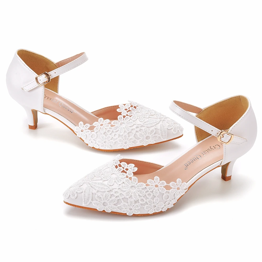 Crystal Queen White Lace Women Fashion Pointed Toe Sandal Summer  5CM High Heels Elegant Mary Jane Shoes - view 6