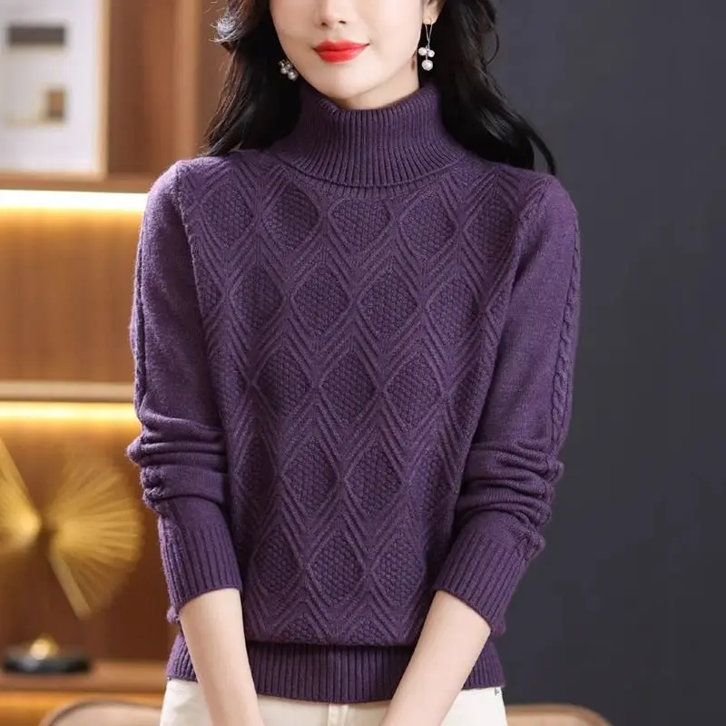 All-match Screw Thread Autumn Winter Half High Collar Solid Color Pullover Long Sleeve Sweater Knitted Women's Clothing Tops