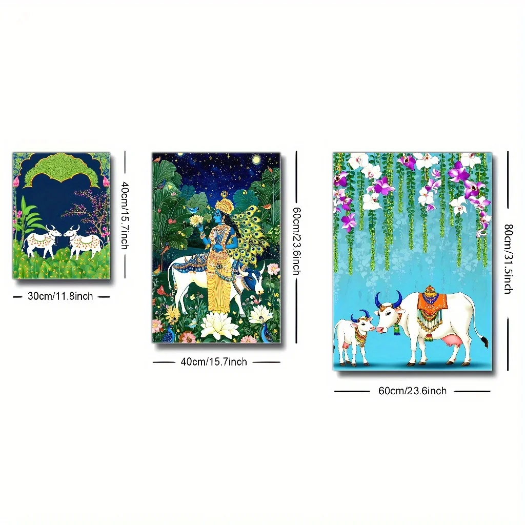 3 قطع من المطبوعات القماشية المؤطرة، ملصق زخرفي بنمط إسلامي للتسامي الفني المذاق، منظر طبيعي للبقرة والأغنام #4