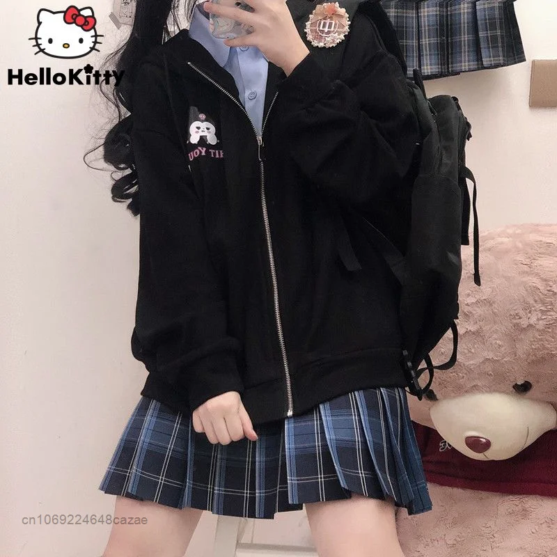 

Sanrio Kuromi Spring Clothes Y2k Japan Trend Tops Hooded Cartoon Black Sweatshrts Women Loose Thin Zip Hoodies Female Clothing