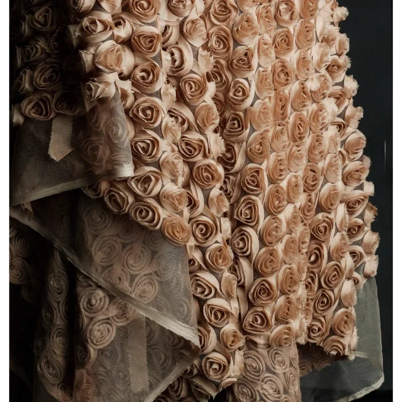 Brown Dried Three-dimensional Rose Semi Transparent Gauze Creative Wedding Dress Decoration DIY Skirt Designer Fabric