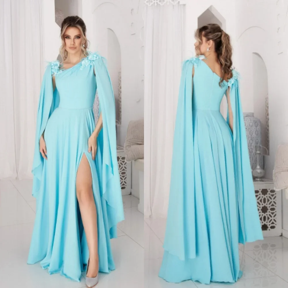 

Customized Jersey Flower Feather Ruched Homecoming A-line V-neck Bespoke Occasion Gown Long Dresses