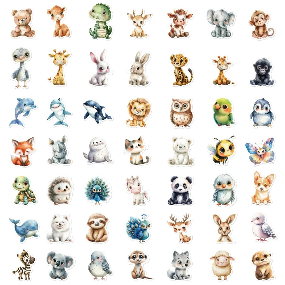 50PCS Cute Watercolor Animals Graffiti Stickers Phone Wall Scrapbook Motorcycle Waterproof Cartoon Sticker for Kids Toys Gifts