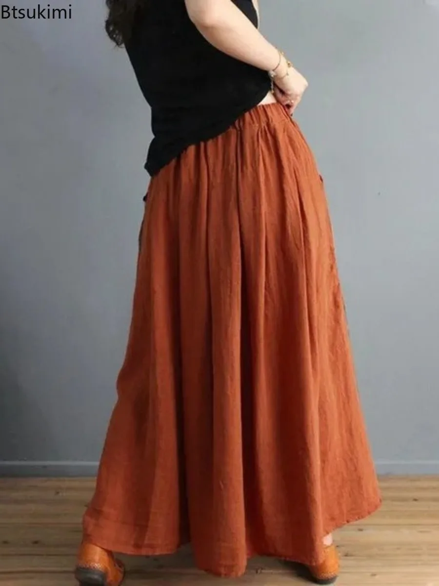 New Women's Retro Cotton Linen Color Blocking Long Skirts Spring Fashion High Waist A-line Skirts Daily Casual Women Streetwear