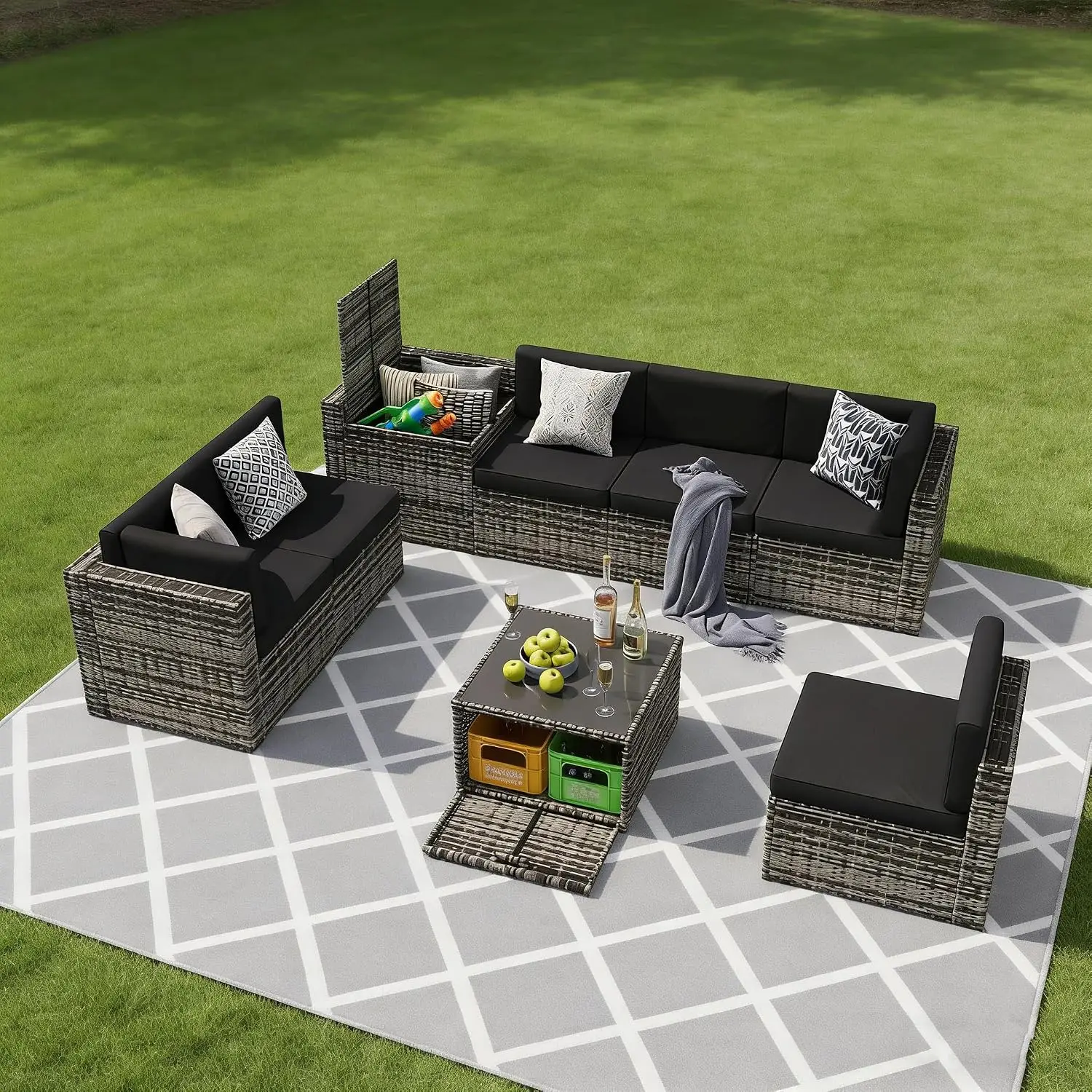 8-Piece Wicker Patio Sectional Sofa Set with Storage Box & Glass Top Table, Thick Cushions, Grey, Customized