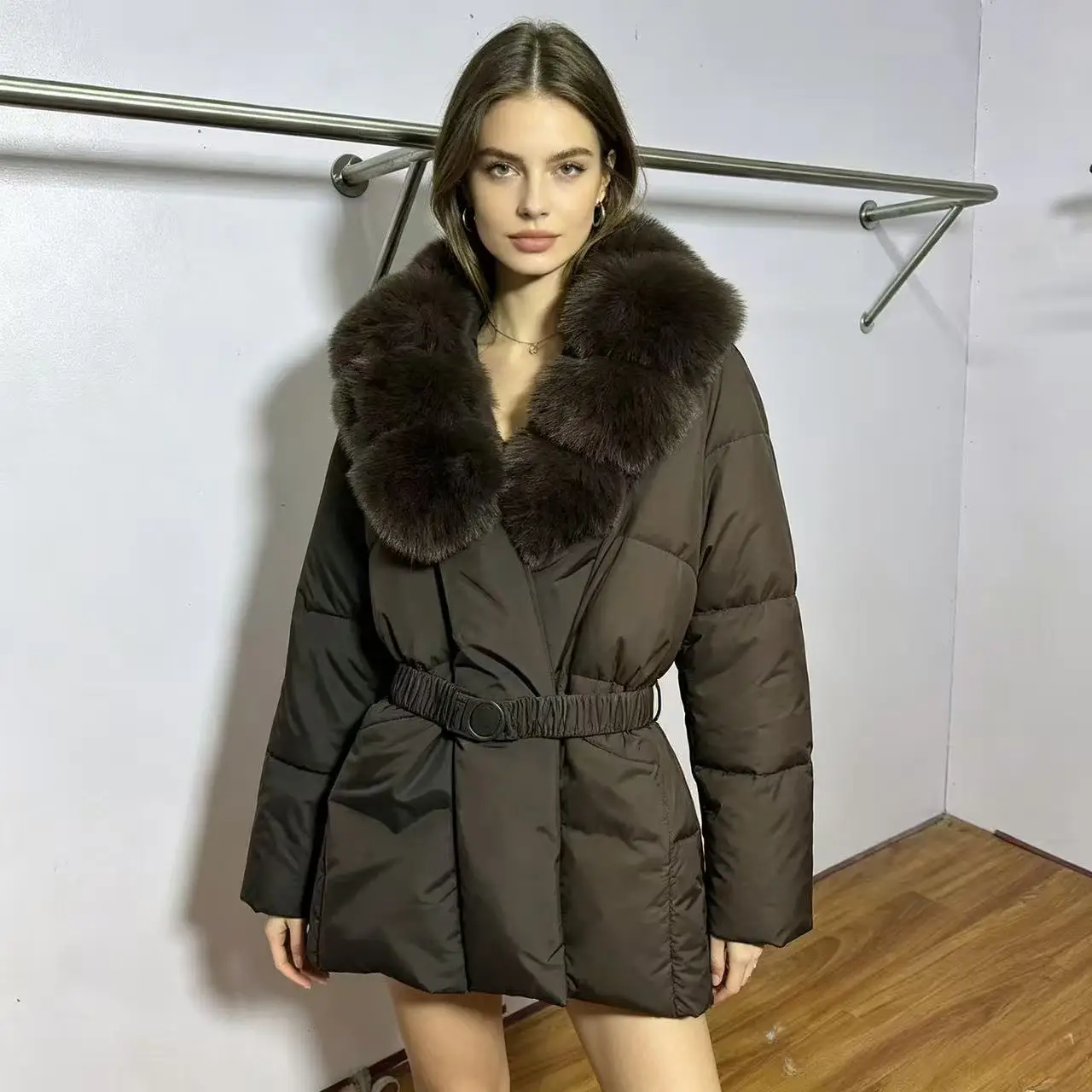 Winter Faux Fur Collar Women's Padded Jacket Warm Belt Waist Cinching Full Sleeve Thicken Cotton Jackets 2026 Lady Outwear