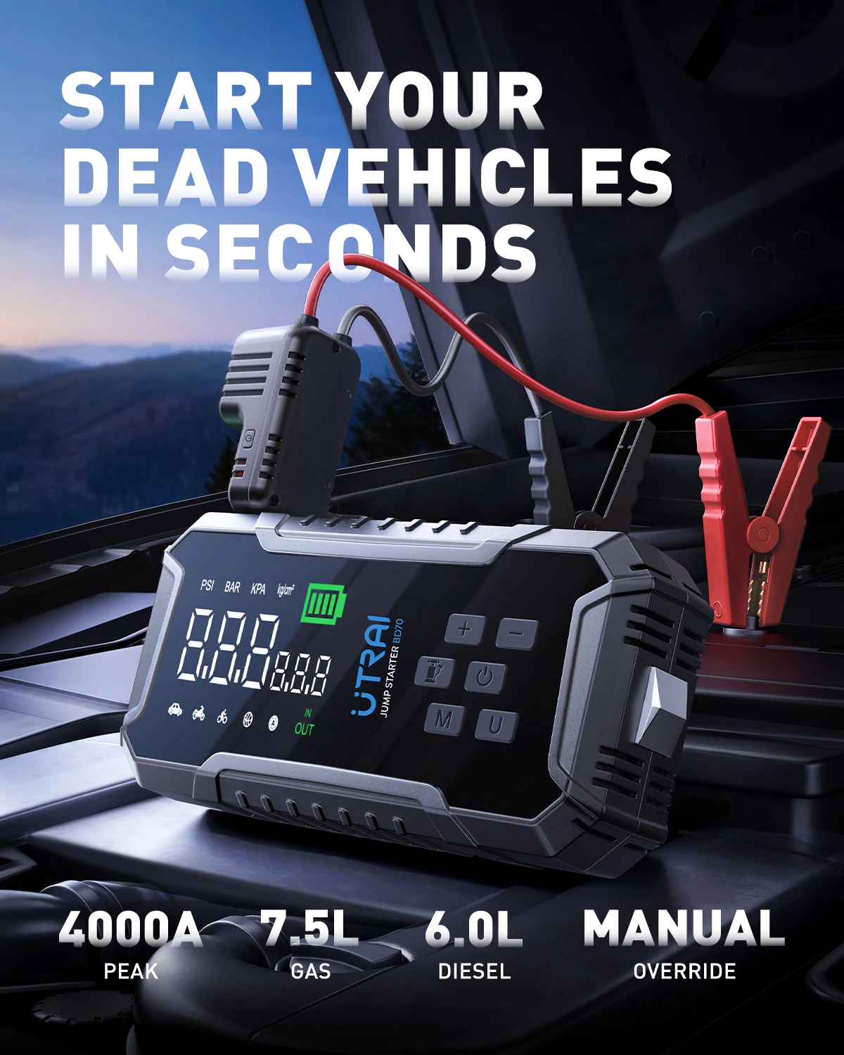 UTRAI 4000A Car Jump Starter 160PSI Air Compressor Portable Power Bank 16000mAh Car Battery Emergency Boosters Starting Device