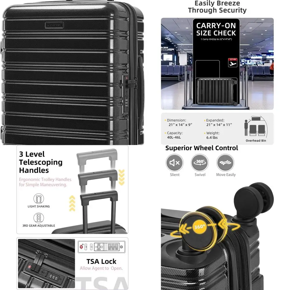 

20 Inch PC+ABS Hardside Spinner Suitcase, Airline Approved, TSA Lock, Expandable for Travel (Black)