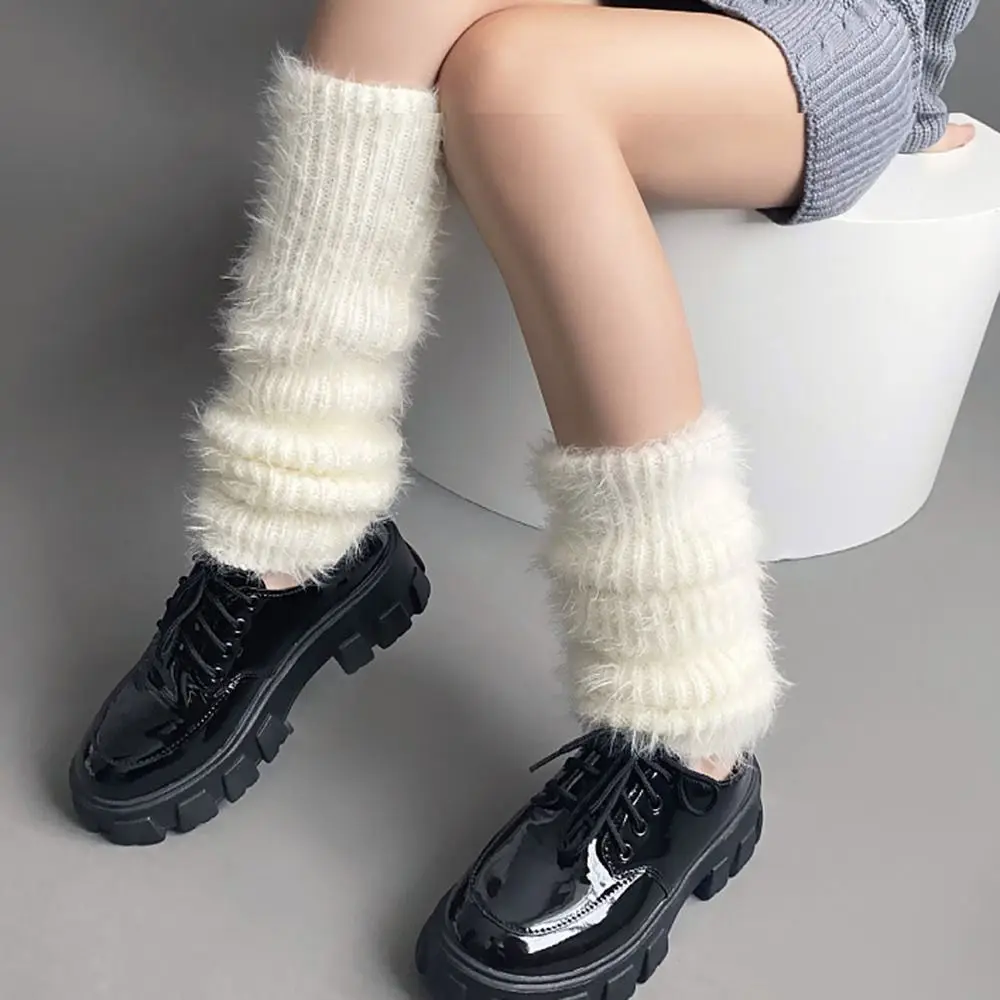 

Solid Color Plush Leg Warmers Gloves Women Girl Lolita Winter Thickened Y2k Knitted Wool Leg Cover Pile Socks Calf Socks
