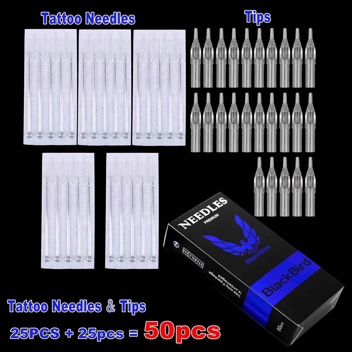 50pcs Tattoo Needles+Tattoo Tips Set Disposable Mixed Tattoo Needles & Assorted Tattoo Needles Tubes Includes Tattoo Tips