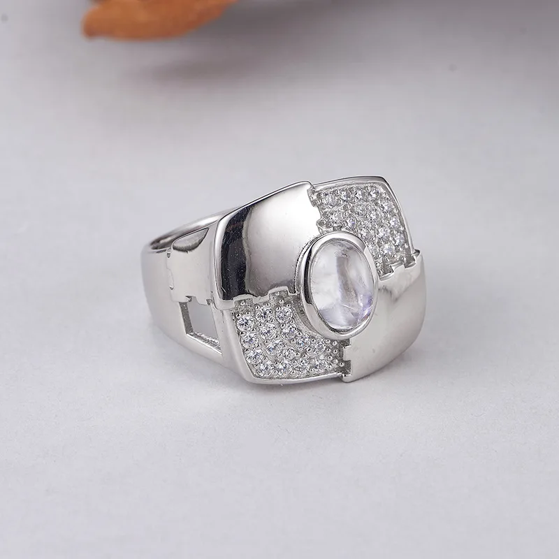 S925 Sterling Silver Charms Rings for Women Men Irregular Geometric Inlaid Moon Stone Micro Zircon New Fashion Classic Jewelry