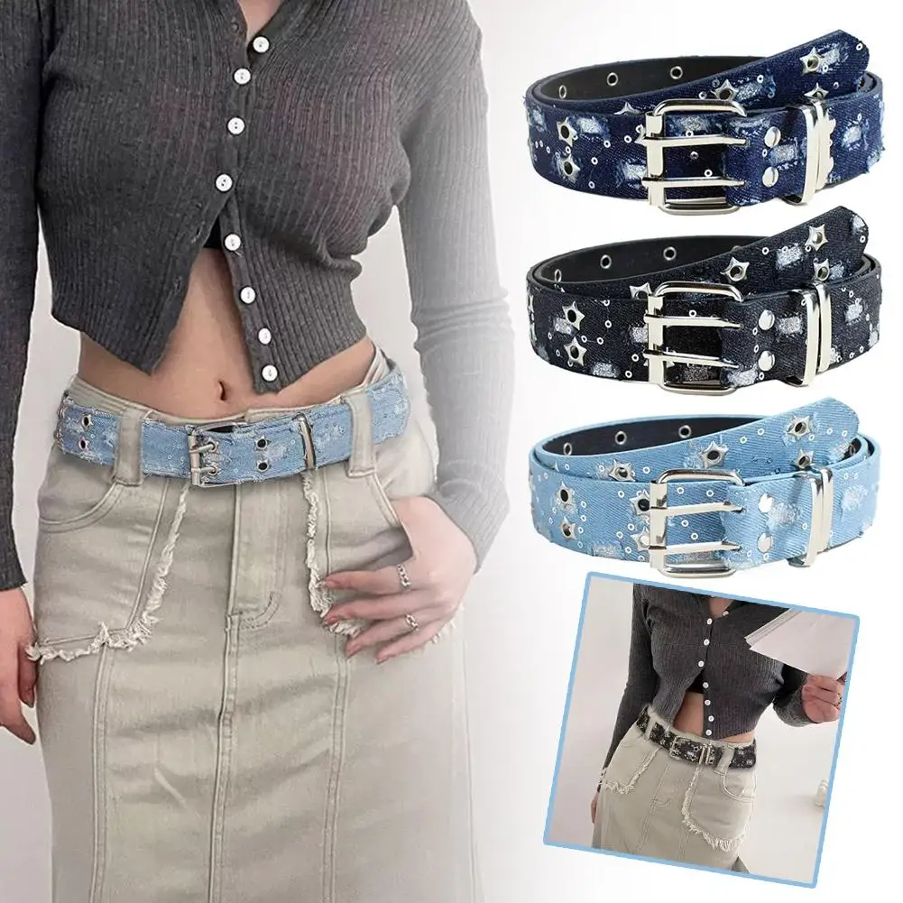 Double Row Star Belt Women Girls Y2K Retro Denim Blue Waist Strap Vintage Waistbands Buckle Belts Punk Hollow Jeans Accessories