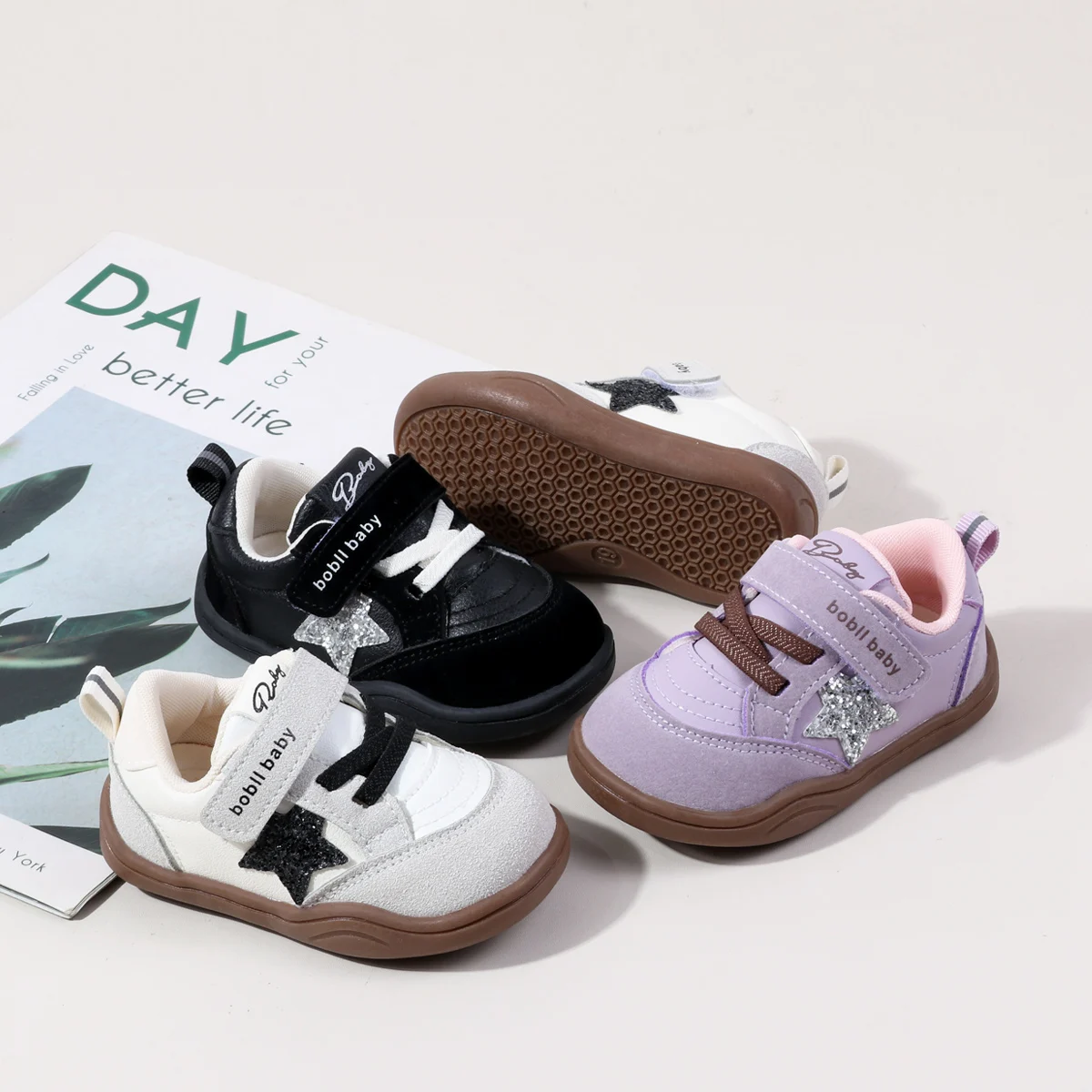 2025 نمط جديد الربيع والخريف الطفل أحذية رياضية كاجوال بريق ستار ديكور ل 0-2Y طفل الفتيان والفتيات بولي Leather الجلود TPR وحيد