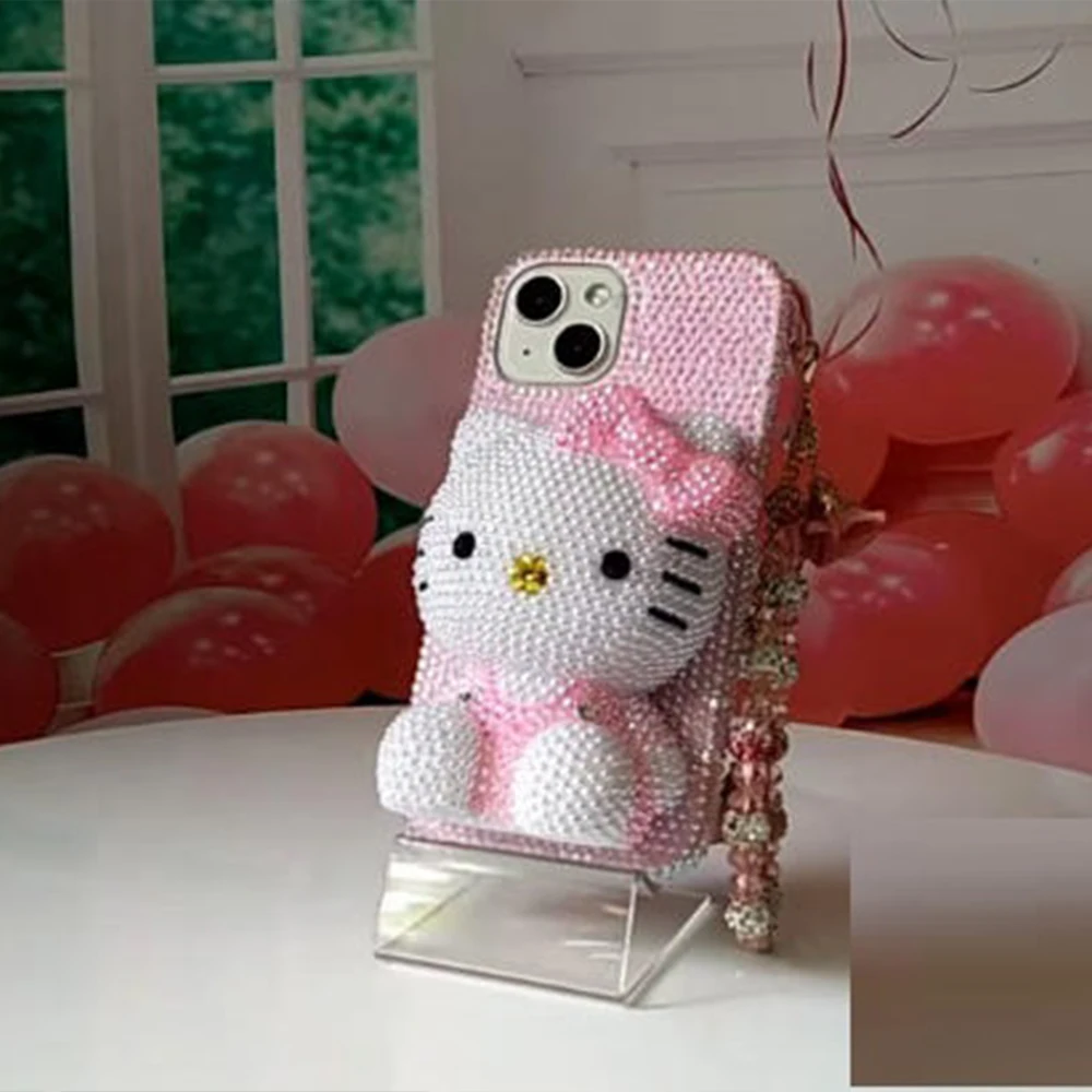 

Чехол для телефона Kawaii со стразами и блестящими кристаллами, цепочка для Iphone 16, 12, 13, 14, 15 Pro Max X Xs Xr 7, 8 Plus Se 2 3 10, подарок для девочки, мультфильм