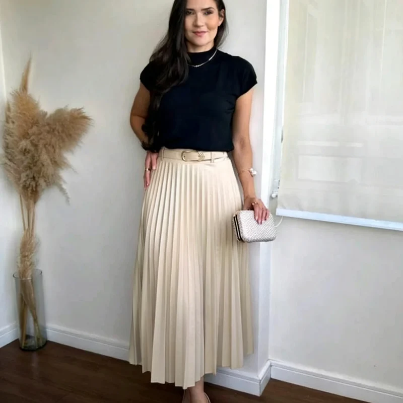 Women Skirts Brown Beige High Waist Satin Pleated Midi Skirt Elegant Female Casual A-Line Skirts 2026 Summer New Women Fashion