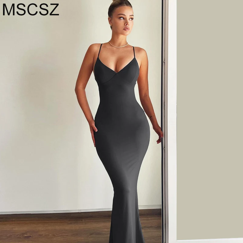 

MSCSZ Spaghetti Strap Bodycon Maxi Dress For Women Criss-cross Backless Mermaid Long Party Dress Woman Sexy Clubwear