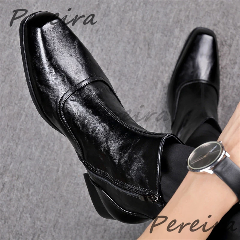 

British Style Genuine Leather Chelsea Boots Autumn Winter New Square Toe Side Zipper Casual Business Shoes Men's High Top Boots