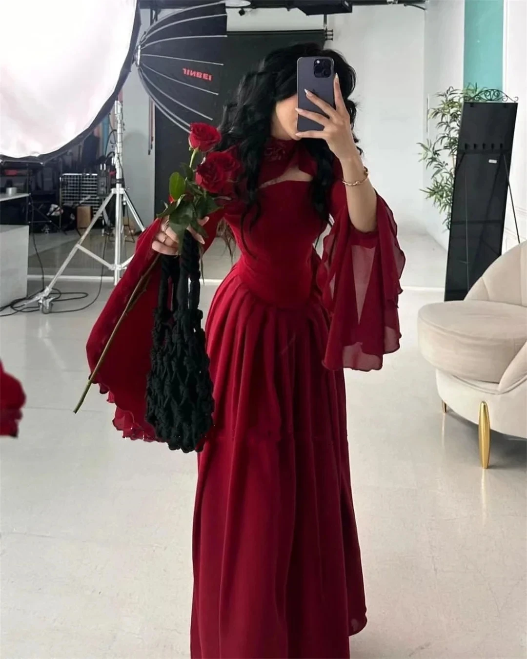 Chiffon Vintage Prom Dresses Long Red High Neck Evening Gowns Customized Wedding Dress A-Line Saudi Arabia Formal Party Dress