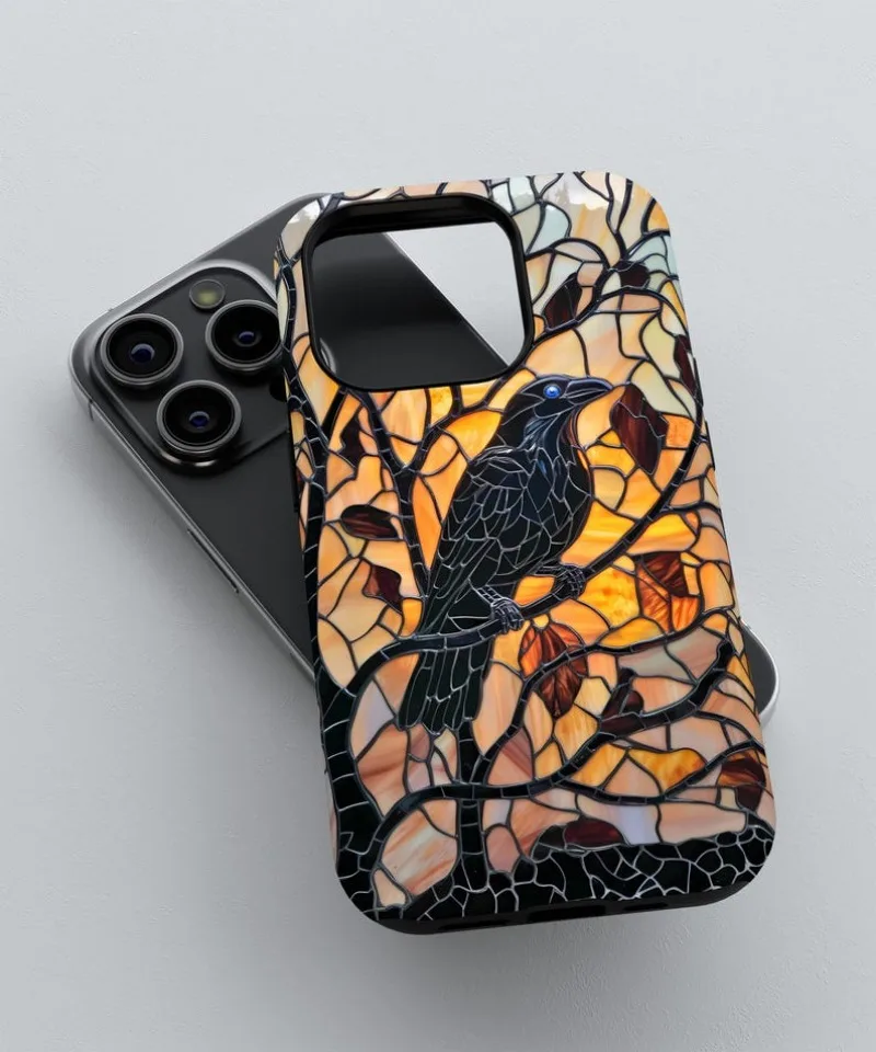 Spooky Stained Glass Raven at Sunset Phone Case For IPHONE 16 15PRO MAX 14 13 12 11 Acrylic TPU Two in one magnetic Phone Cases