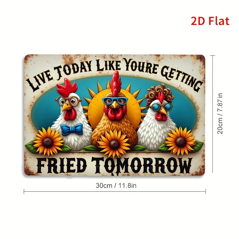 2D Flat, 1pc Vintage Farmhouse Metal Wall Decor - Funny Rooster & Chicken Quote Sign 