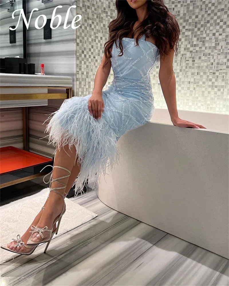 

Noble Strapless Neckline Backless Prom Dress SLeeveless With Feathers Tea Length Evening Summer Elegant Party Dress For Women