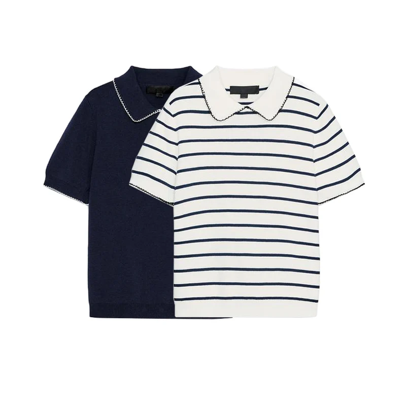 Atasan Rajut Kasual Wanita Musim Panas, Warna Blok, Model Slim Fit dari Serat Polyester