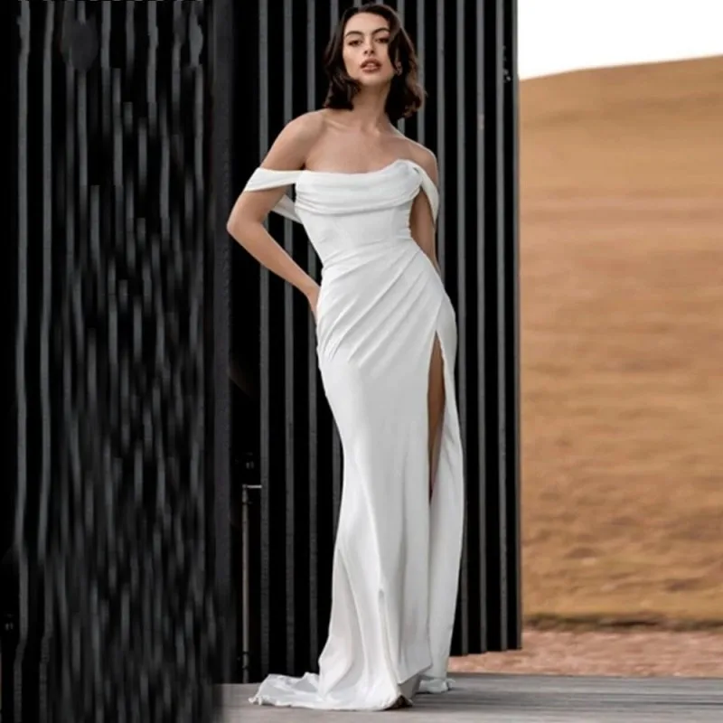 

Simple Off the Shoulder Satin Mermaid Wedding Dress 2023 Sexy High Slit Bridal Marriage Gowns Summer Vestidos De Novia