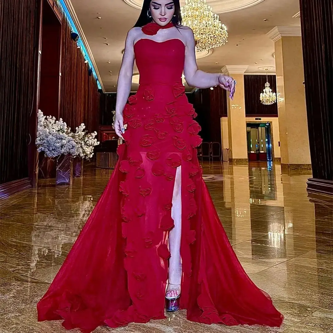 

Luxurious Rose Evening Dresses Tulle Strapless High Slit Prom Dress Elegant Floor-Length 3D Flowers Engagement Ball Gowns 2025